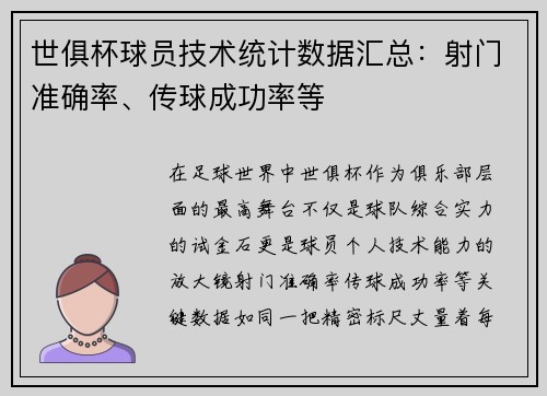 世俱杯球员技术统计数据汇总：射门准确率、传球成功率等